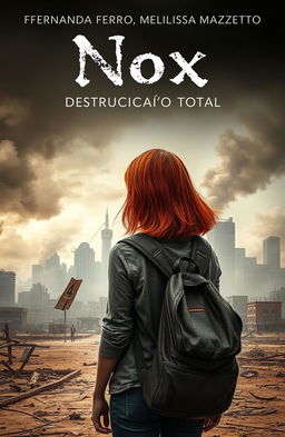 An abandoned city emitting smoke in the background, with a girl standing with her back to the viewer, showcasing her medium-length fiery red hair