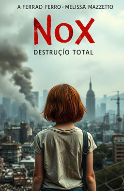An abandoned city emitting smoke in the background, with a girl standing with her back to the viewer, showcasing her medium-length fiery red hair