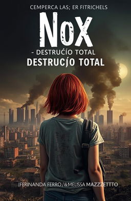 An abandoned city emitting smoke in the background, with a girl standing with her back to the viewer, showcasing her medium-length fiery red hair