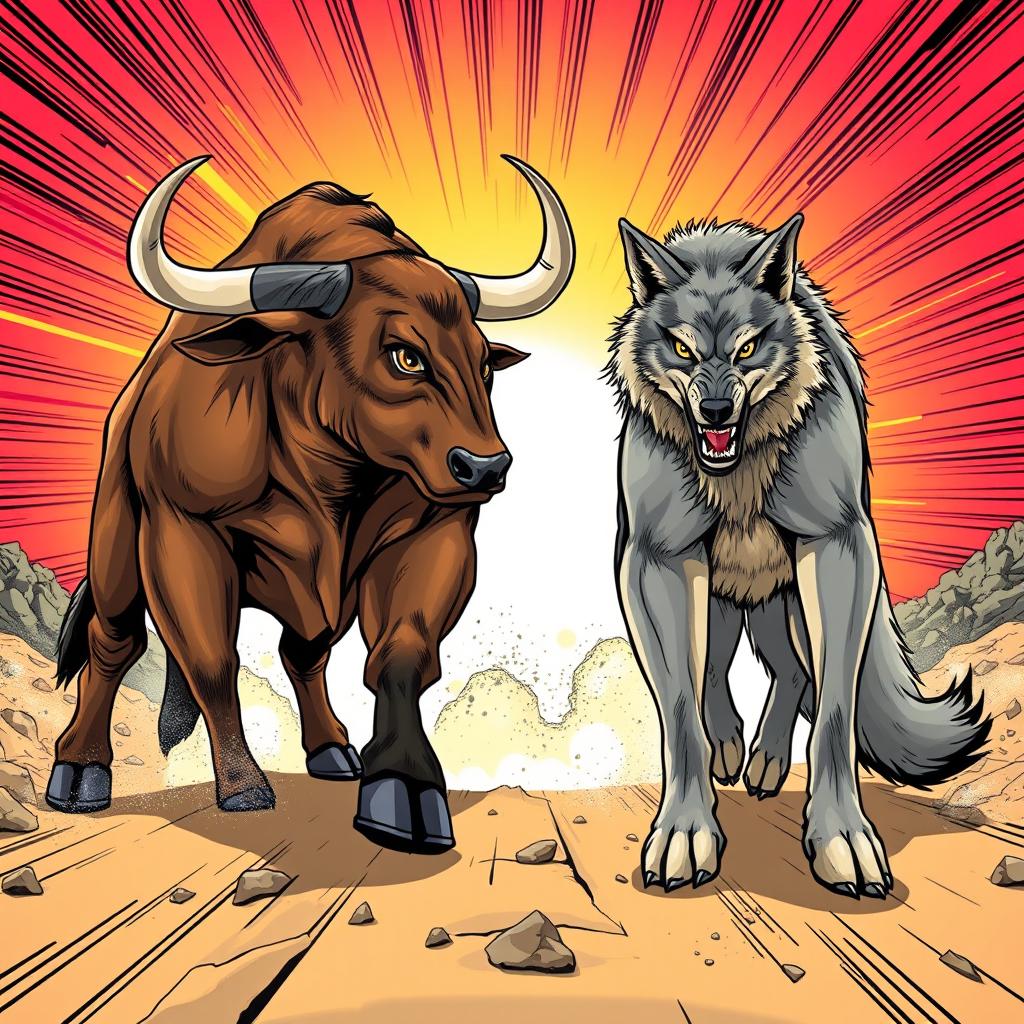 A dramatic scene featuring a muscular bull and a fierce wolf walking towards each other in a stylized comic book art style