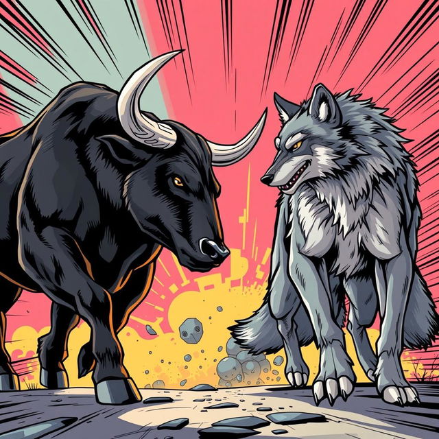 A dramatic scene featuring a muscular bull and a fierce wolf walking towards each other in a stylized comic book art style