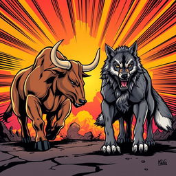 A dramatic scene featuring a muscular bull and a fierce wolf walking towards each other in a stylized comic book art style