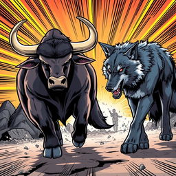 A dramatic scene featuring a muscular bull and a fierce wolf walking towards each other in a stylized comic book art style