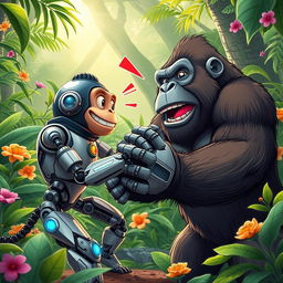 A humorous scene featuring a futuristic robotic monkey playfully battling a large, muscular gorilla in a vibrant jungle setting