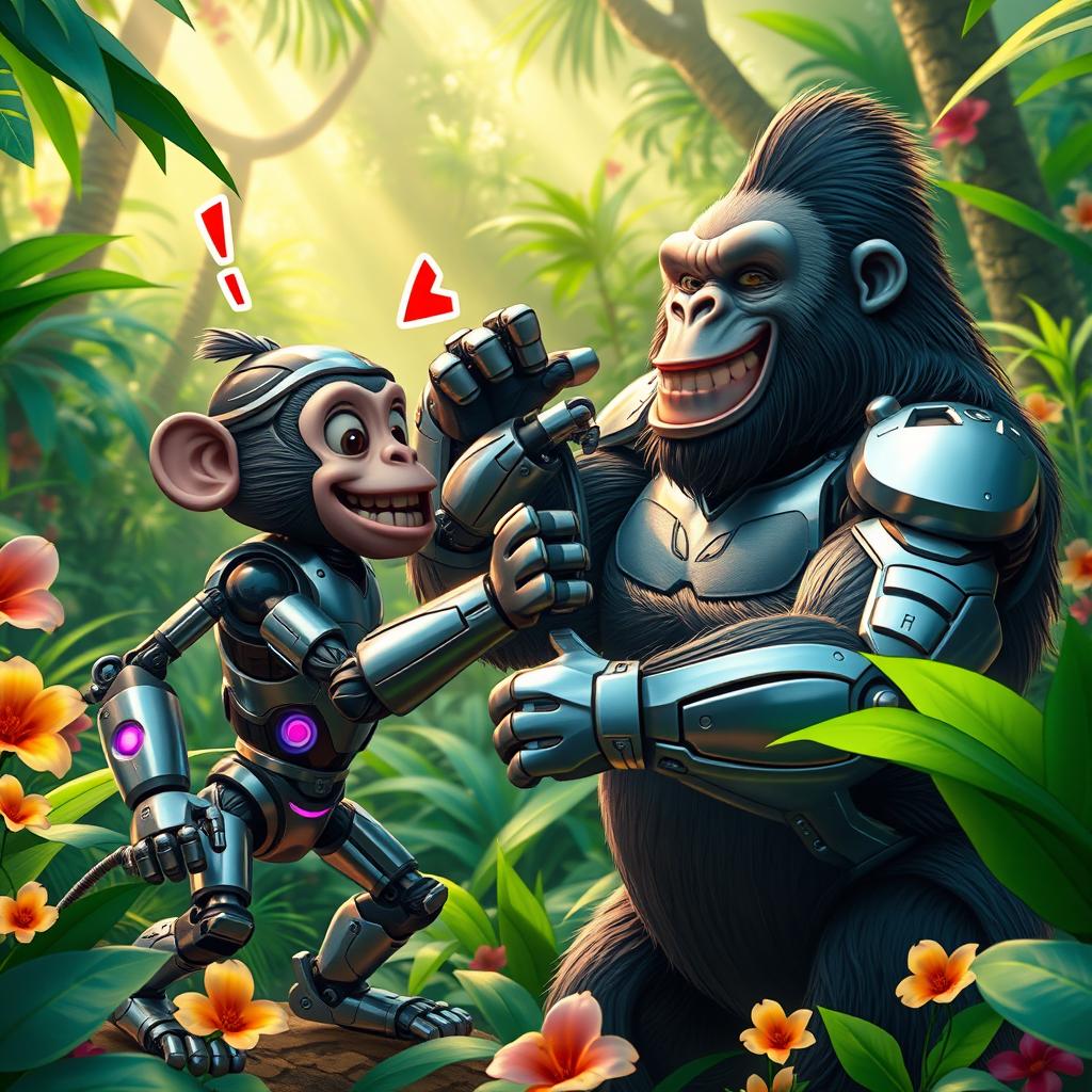 A humorous scene featuring a futuristic robotic monkey playfully battling a large, muscular gorilla in a vibrant jungle setting