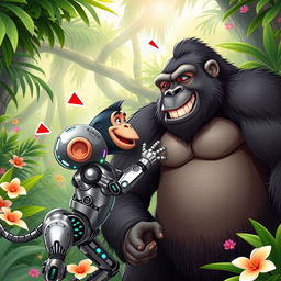 A humorous scene featuring a futuristic robotic monkey playfully battling a large, muscular gorilla in a vibrant jungle setting