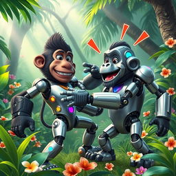 A humorous scene featuring a futuristic robotic monkey playfully battling a large, muscular gorilla in a vibrant jungle setting