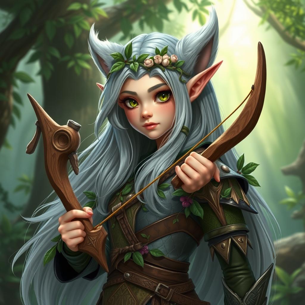 An enchanting Dungeons and Dragons elf character with furry ears, showcasing a unique fusion of traditional elven features and playful animal-like characteristics