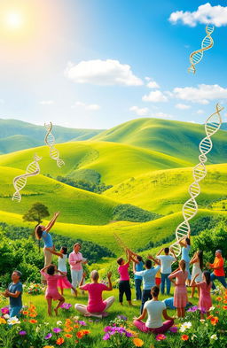 A vibrant and inspiring scene that symbolizes the echoes of DNA, representing life wisdom and the inspiration needed for personal growth and well-being