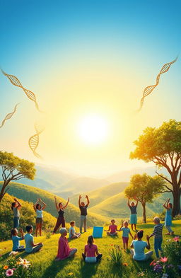 A vibrant and inspiring scene that symbolizes the echoes of DNA, representing life wisdom and the inspiration needed for personal growth and well-being