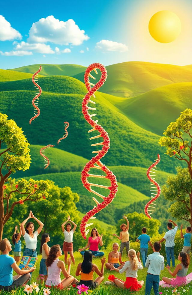 A vibrant and inspiring scene that symbolizes the echoes of DNA, representing life wisdom and the inspiration needed for personal growth and well-being