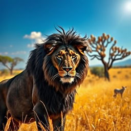 A majestic black lion standing proudly in a sunlit savanna, its dark mane blowing gently in the breeze