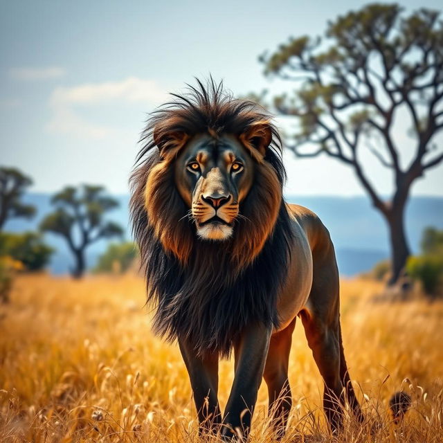 A majestic black lion standing proudly in a sunlit savanna, its dark mane blowing gently in the breeze