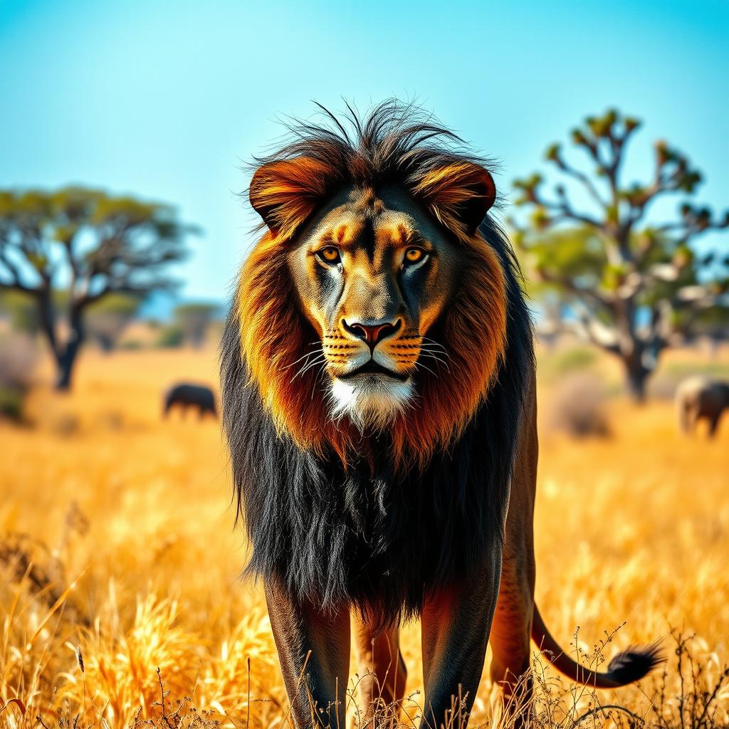 A majestic black lion standing proudly in a sunlit savanna, its dark mane blowing gently in the breeze