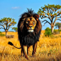 A majestic black lion standing proudly in a sunlit savanna, its dark mane blowing gently in the breeze