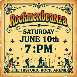 A vintage concert flyer for the Rockmenbranza band, featuring a classic design reminiscent of the 1960s or 1970s