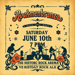 A vintage concert flyer for the Rockmenbranza band, featuring a classic design reminiscent of the 1960s or 1970s