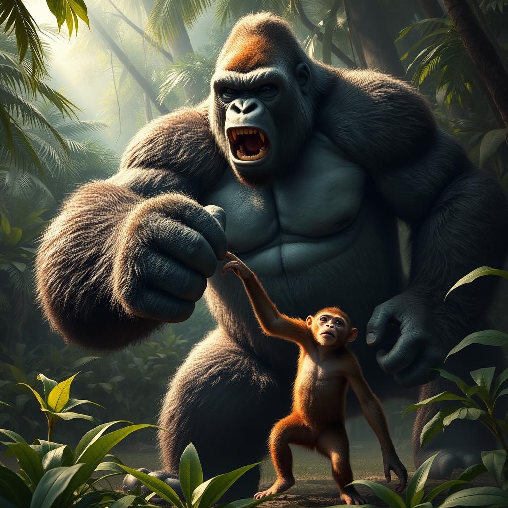 A dramatic scene depicting a giant gorilla overpowering a monkey in an intense fight