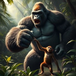 A dramatic scene depicting a giant gorilla overpowering a monkey in an intense fight