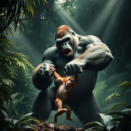 A dramatic scene depicting a giant gorilla overpowering a monkey in an intense fight