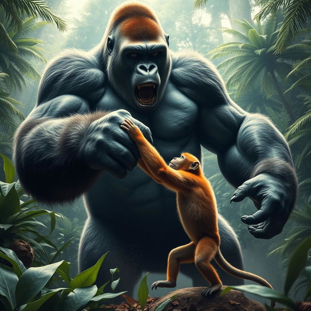 A dramatic scene depicting a giant gorilla overpowering a monkey in an intense fight