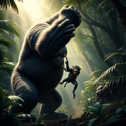 A dramatic scene depicting a giant gorilla overpowering a monkey in an intense fight