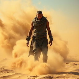 A lone figure standing resilient against strong desert winds, facing forward with unwavering determination