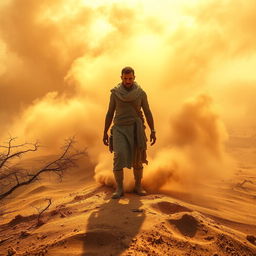 A lone figure standing resilient against strong desert winds, facing forward with unwavering determination