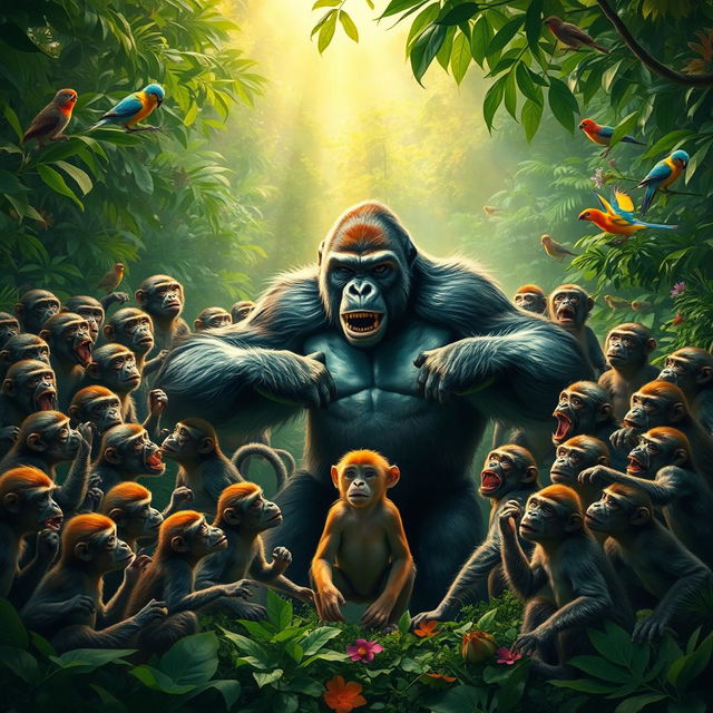 A dramatic scene depicting 20 monkeys surrounding a gorilla, all poised for an intense showdown in a lush jungle setting