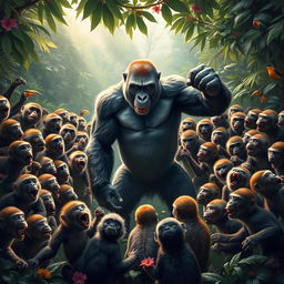 A dramatic scene depicting 20 monkeys surrounding a gorilla, all poised for an intense showdown in a lush jungle setting