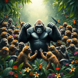 A dramatic scene depicting 20 monkeys surrounding a gorilla, all poised for an intense showdown in a lush jungle setting