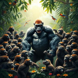 A dramatic scene depicting 20 monkeys surrounding a gorilla, all poised for an intense showdown in a lush jungle setting
