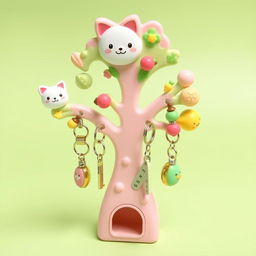 A cute and whimsical keychain holder design featuring adorable animal motifs such as a smiling cat and a cheerful dog
