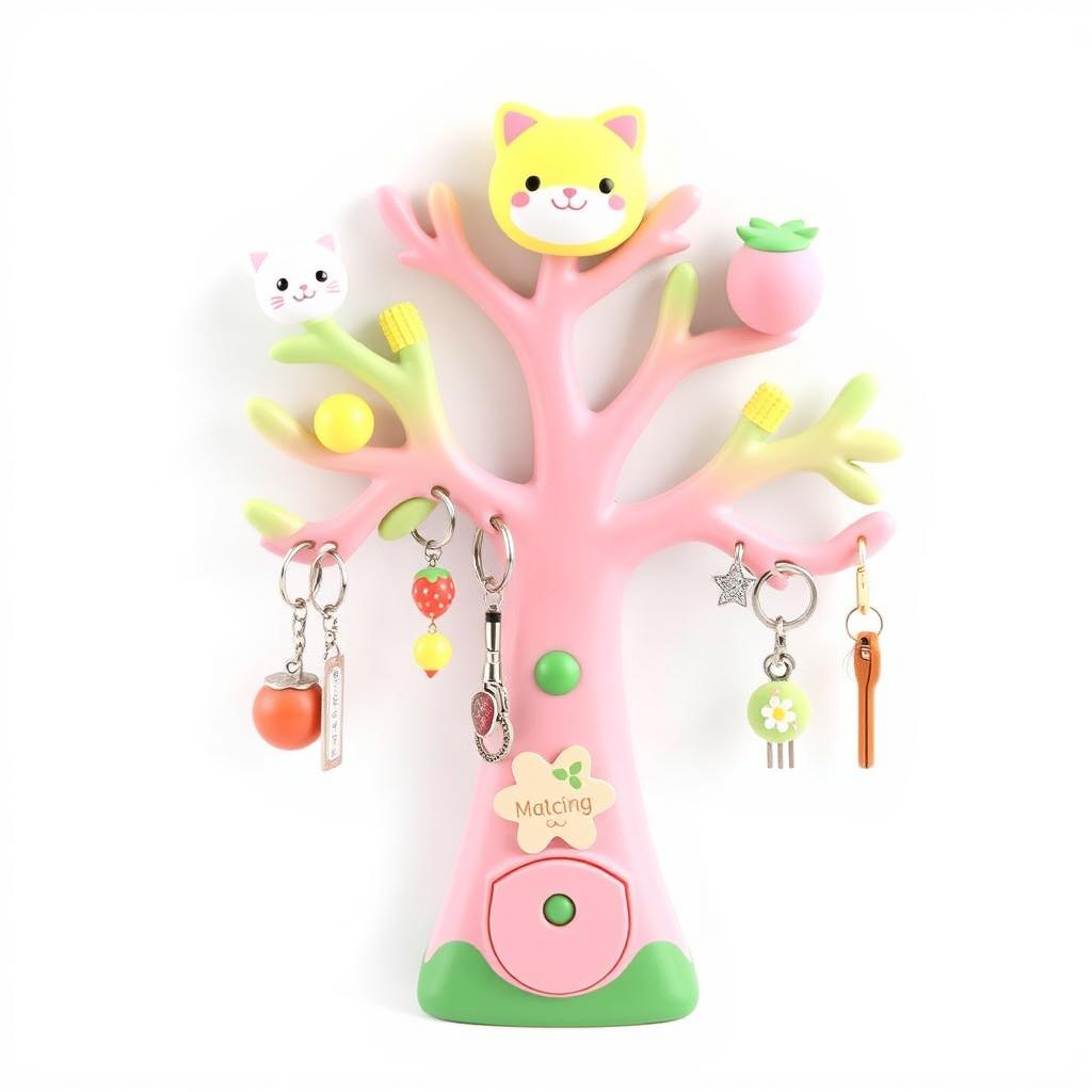 A cute and whimsical keychain holder design featuring adorable animal motifs such as a smiling cat and a cheerful dog