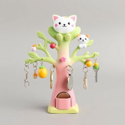 A cute and whimsical keychain holder design featuring adorable animal motifs such as a smiling cat and a cheerful dog