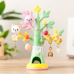 A cute and whimsical keychain holder design featuring adorable animal motifs such as a smiling cat and a cheerful dog