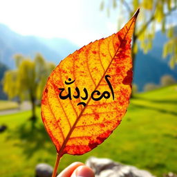 A beautiful chinar leaf with the phrase 'أنا كشميري' intricately carved into its surface
