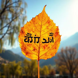 A beautiful chinar leaf with the phrase 'أنا كشميري' intricately carved into its surface