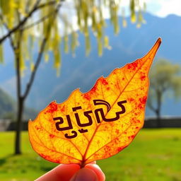 A beautiful chinar leaf with the phrase 'أنا كشميري' intricately carved into its surface