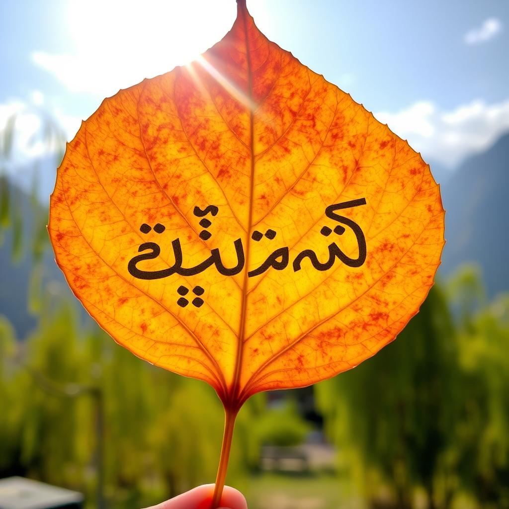 A beautiful chinar leaf with the phrase 'أنا كشميري' intricately carved into its surface