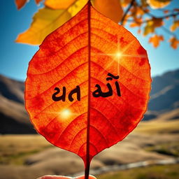 A stunning chinar leaf featuring the phrase 'أنا كشميري' beautifully inscribed on its surface