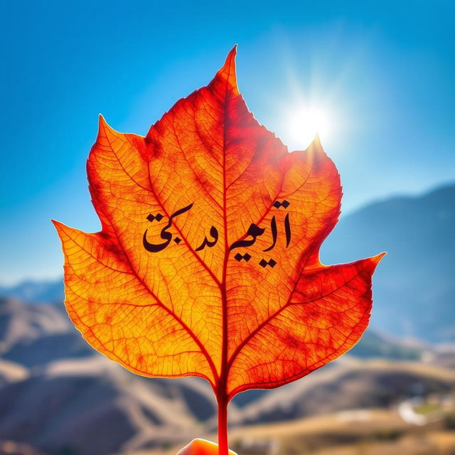 A stunning chinar leaf featuring the phrase 'أنا كشميري' beautifully inscribed on its surface