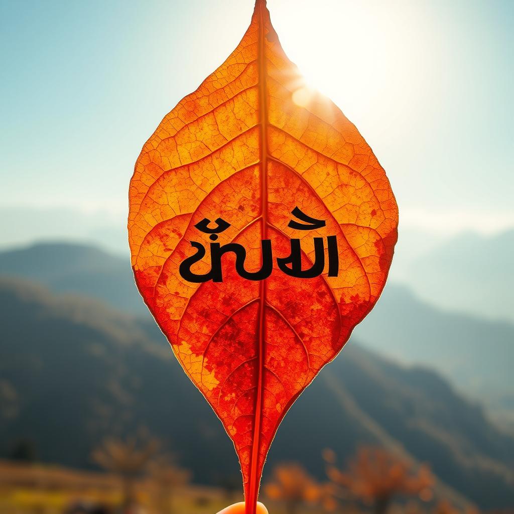 A stunning chinar leaf featuring the phrase 'أنا كشميري' beautifully inscribed on its surface