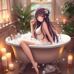 An anime girl in a luxurious bathroom, with long flowing hair and a playful expression