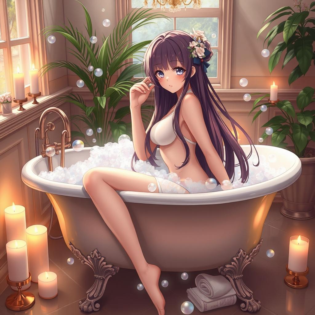 An anime girl in a luxurious bathroom, with long flowing hair and a playful expression