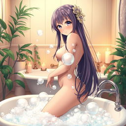 An anime girl in a luxurious bathroom, with long flowing hair and a playful expression