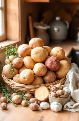 A beautifully arranged display of fresh potatoes in a rustic kitchen setting