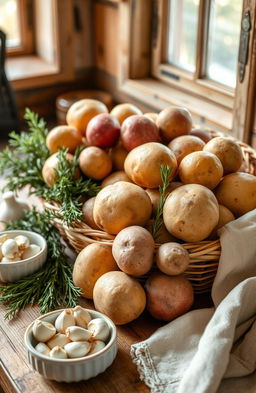 A beautifully arranged display of fresh potatoes in a rustic kitchen setting