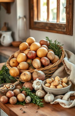 A beautifully arranged display of fresh potatoes in a rustic kitchen setting