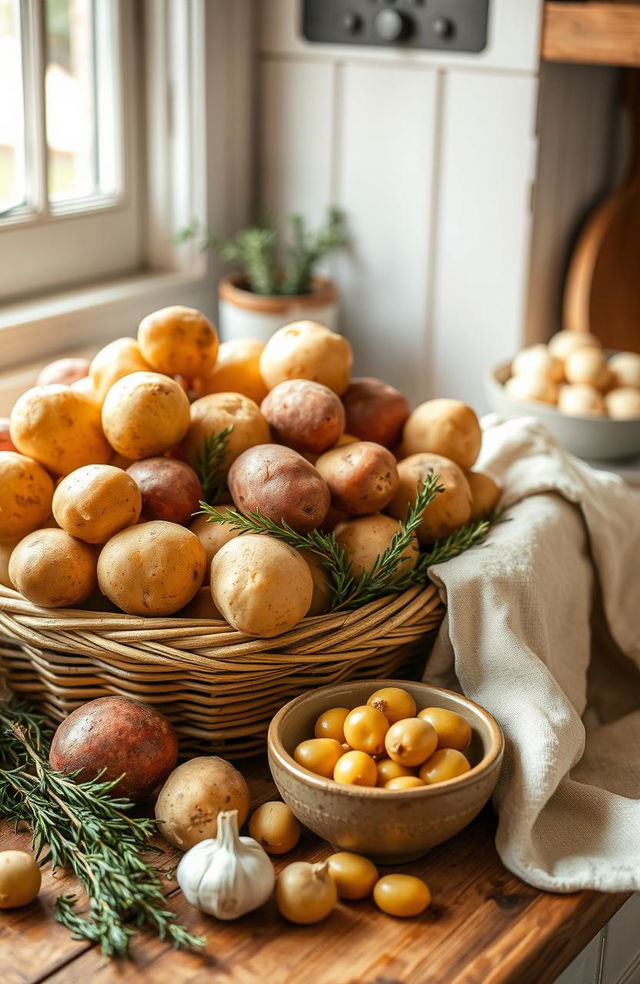 A beautifully arranged display of fresh potatoes in a rustic kitchen setting